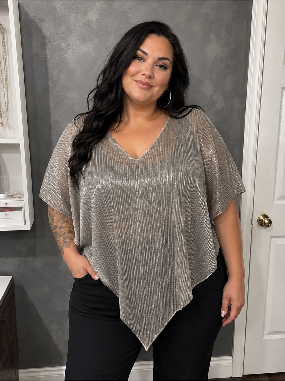 I.N. Studio Silver Shimmer Pleated Blouse Handkerchief Hem WomensXL Metallic Top